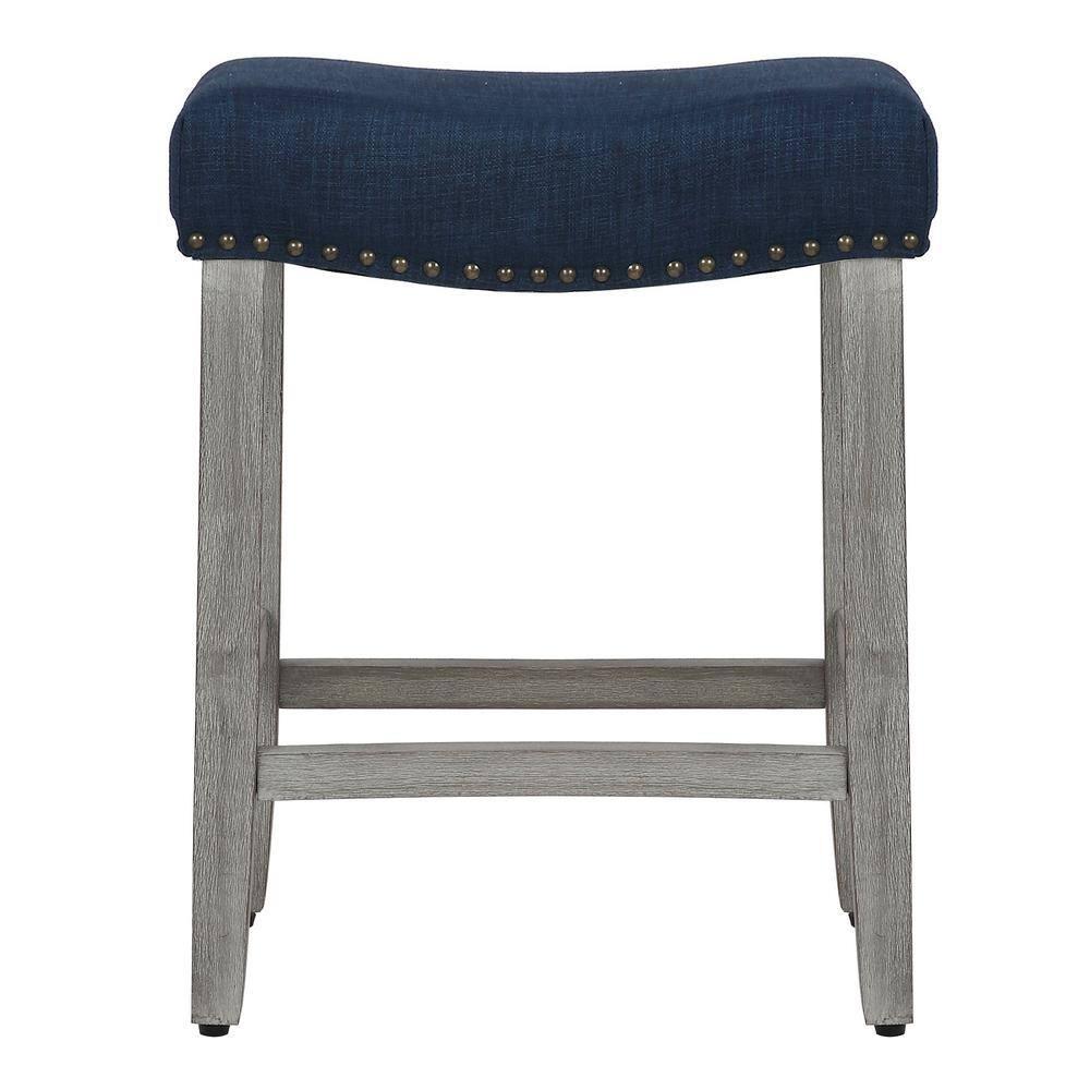 Polytrends Jameson Upholstered Polyester 24" Counter Stool - Gray Legs/ Saddle Seat Antique Gray/Navy Blue Wood Wood Foam 250lbs