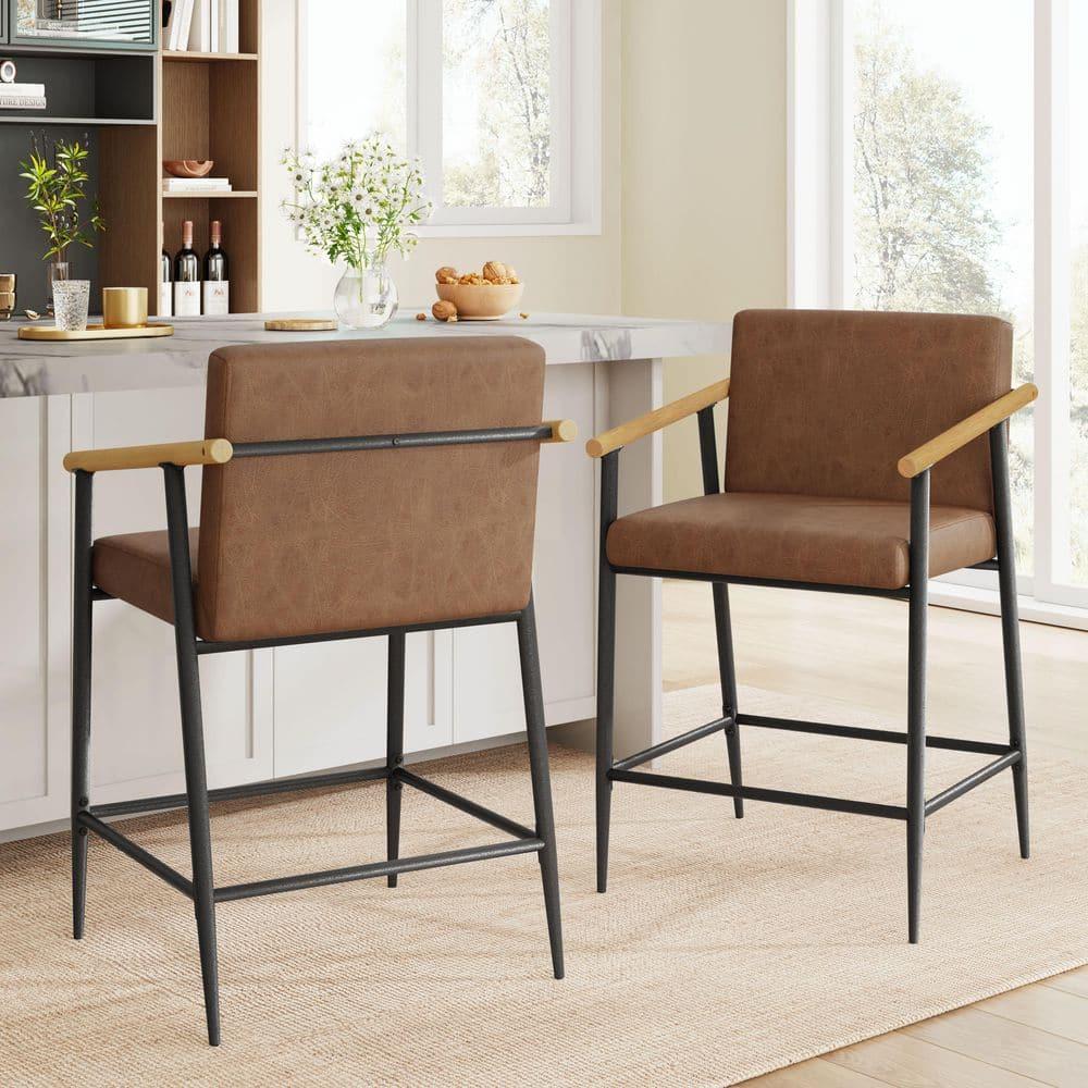 Christopher Knight Home Emil Mid Century Modern Upholstered Counter Stool with Iron Frame (Set of 2), Brown