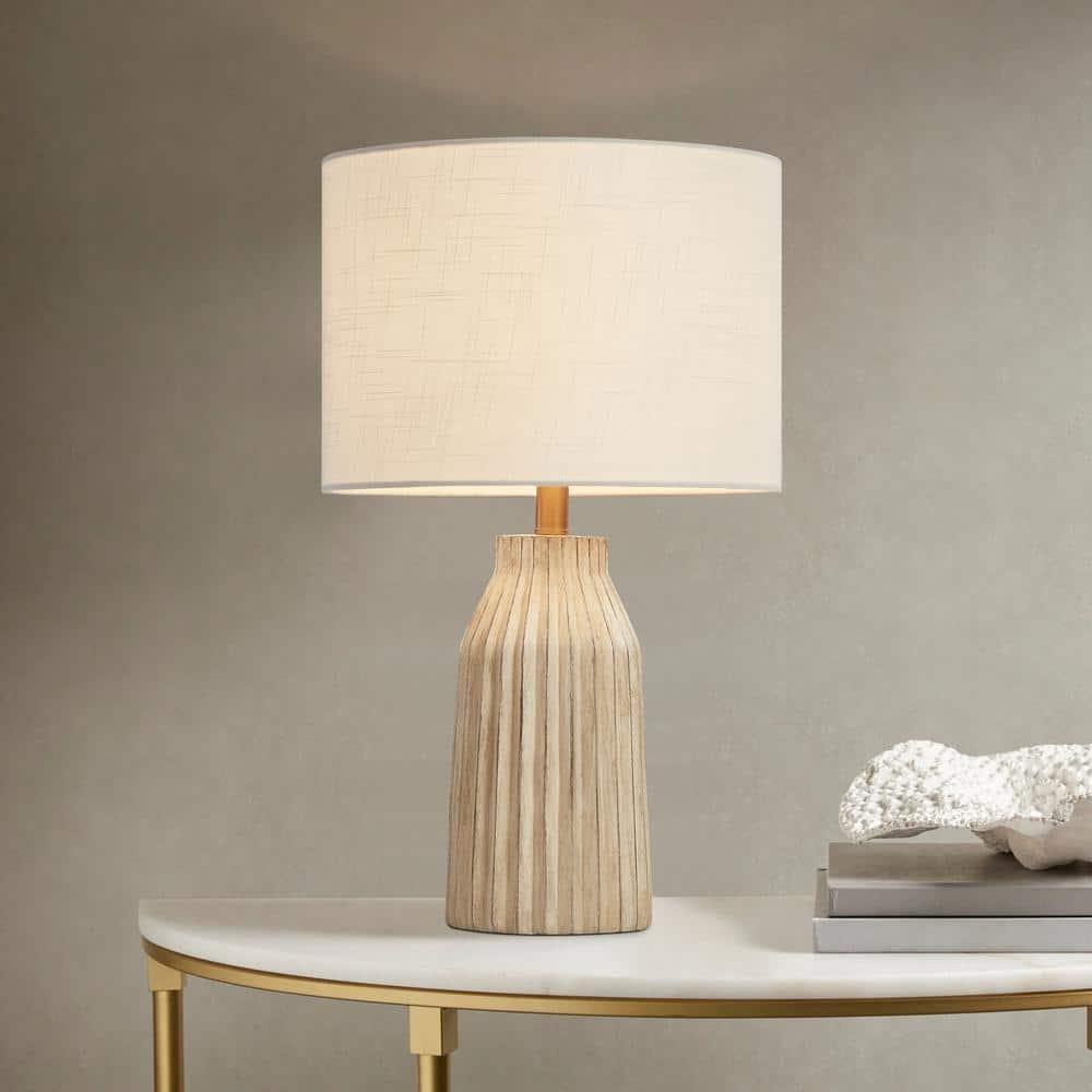KAWOTI 24" Farmhouse Resin Table Lamp, Weathered White Table Lamp with Bamboo Pattern Shade for Bedroom
