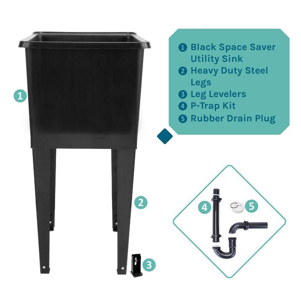 TEHILA Space Saver 16 Gallon Black Utility Sink with Black Steel Legs