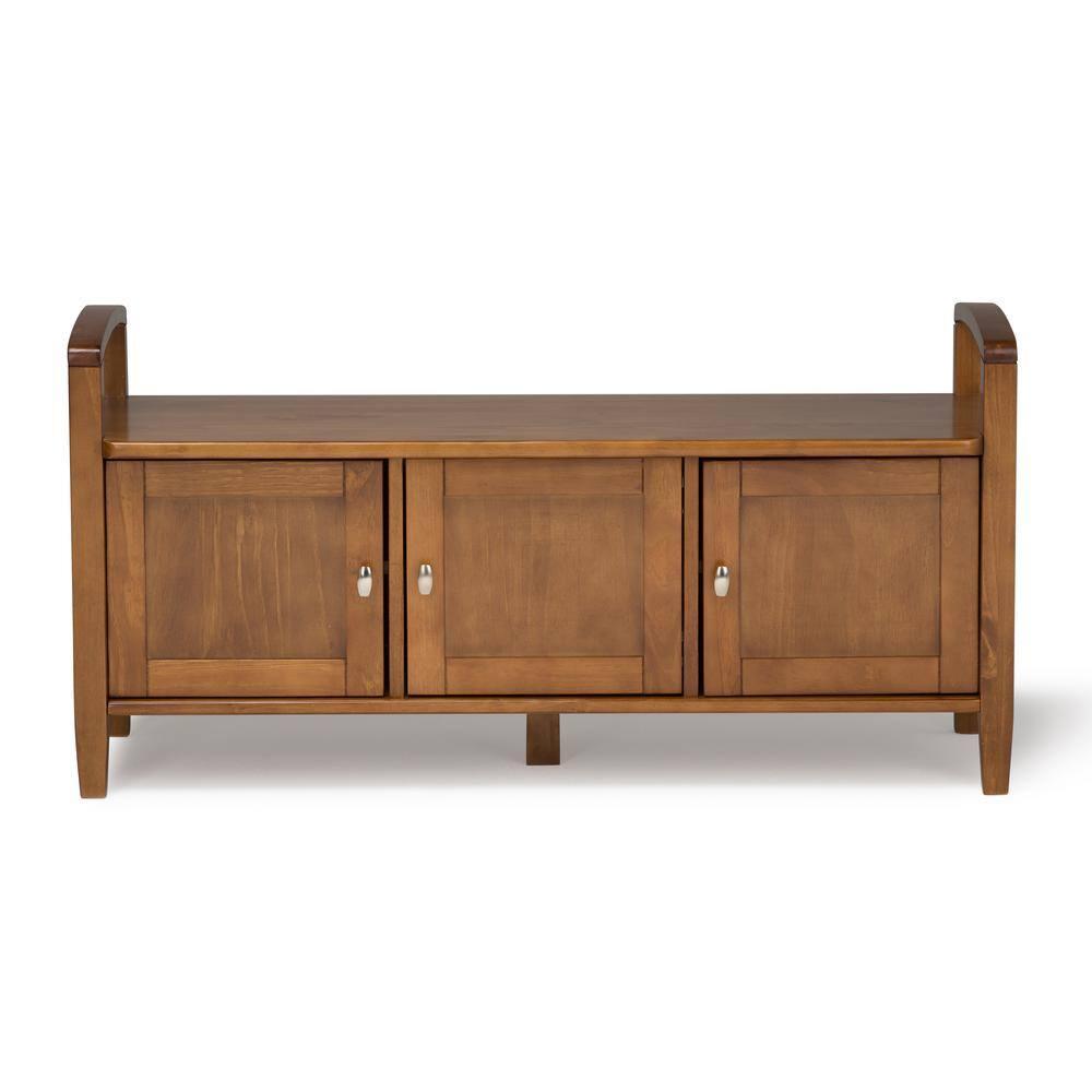 Simpli Home Warm Shaker Wood 44" Transitional Entryway Bench in Light Golden Brown
