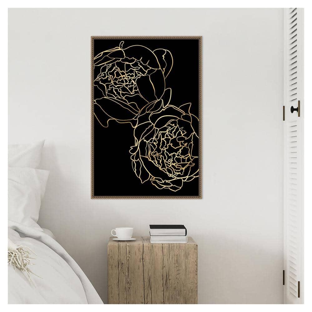 23"x33" Peonies in gold and black by Rosana Laiz Blursbyai Framed Canvas Wall Art Print Bronze - Amanti Art: Vertical Lithograph, Modern Decor