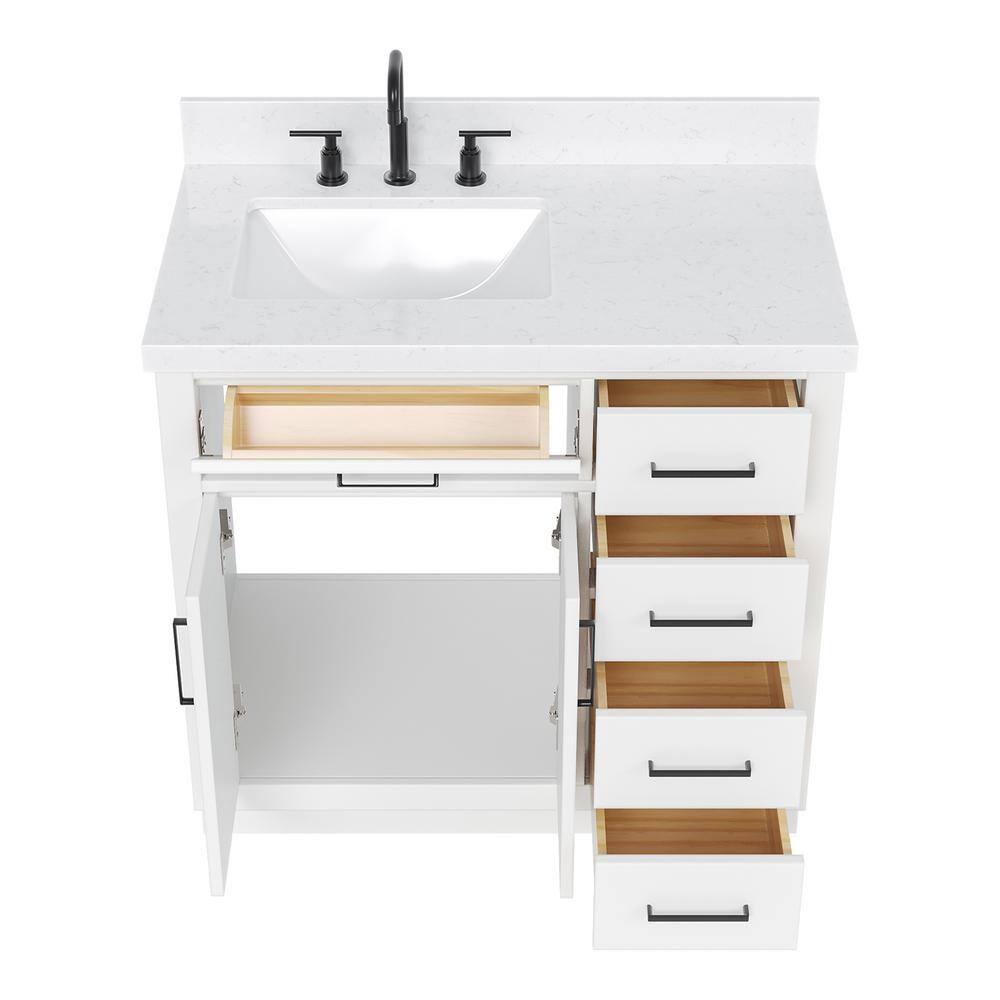 Wildon Home® Tidworth 36'' Solid Wood Single Bathroom Vanity with 1.5'' Carrara Quartz Top, Right Offset Rectangular Sink