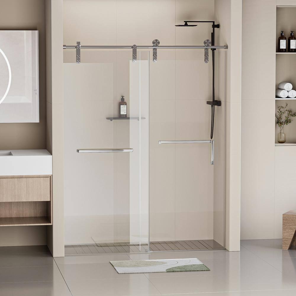 Frameless Single Sliding Shower Door, 5/16" (8Mm) Clear Tempered Glass With Explosion-Proof Film, Brushed Nickel Finish, Stainless Steel Hardware