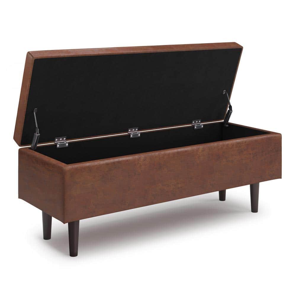 Simpli Home Shay 48 inch W. Modern Storage Ottoman in Distressed Saddle Brown Faux Leather