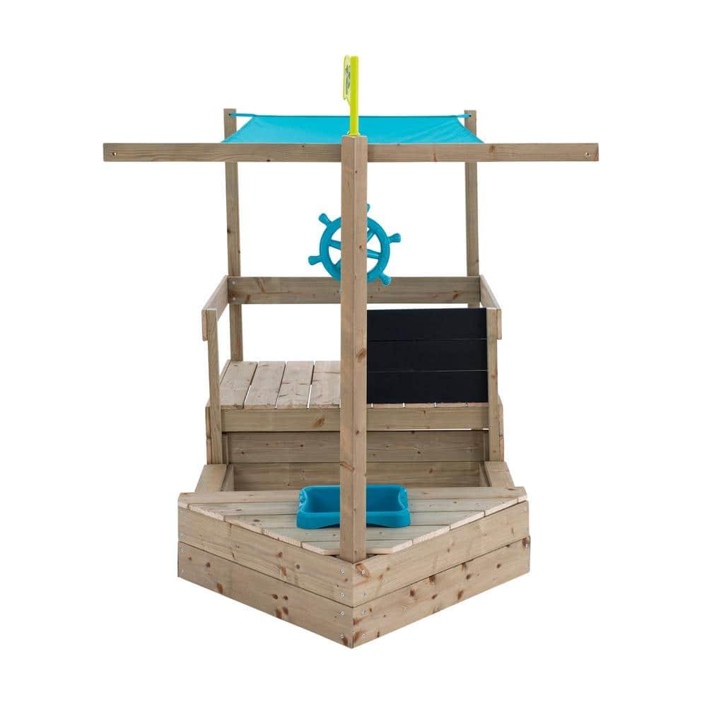 TP Ahoy Wooden Sandbox Pirate Ship Play Boat with Canopy – Kids Outdoor Sand & Water Toy with Captain’s Wheel, Blackboard, Splash Bowl & Storage | FSC Certified | Compact & Space-Saving Design