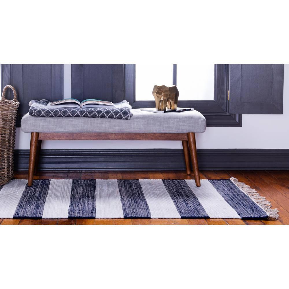Unique Loom Chindi Rag Collection Area Rug - Striped (2' 7" x 6' 1" Runner Navy Blue/Ivory)