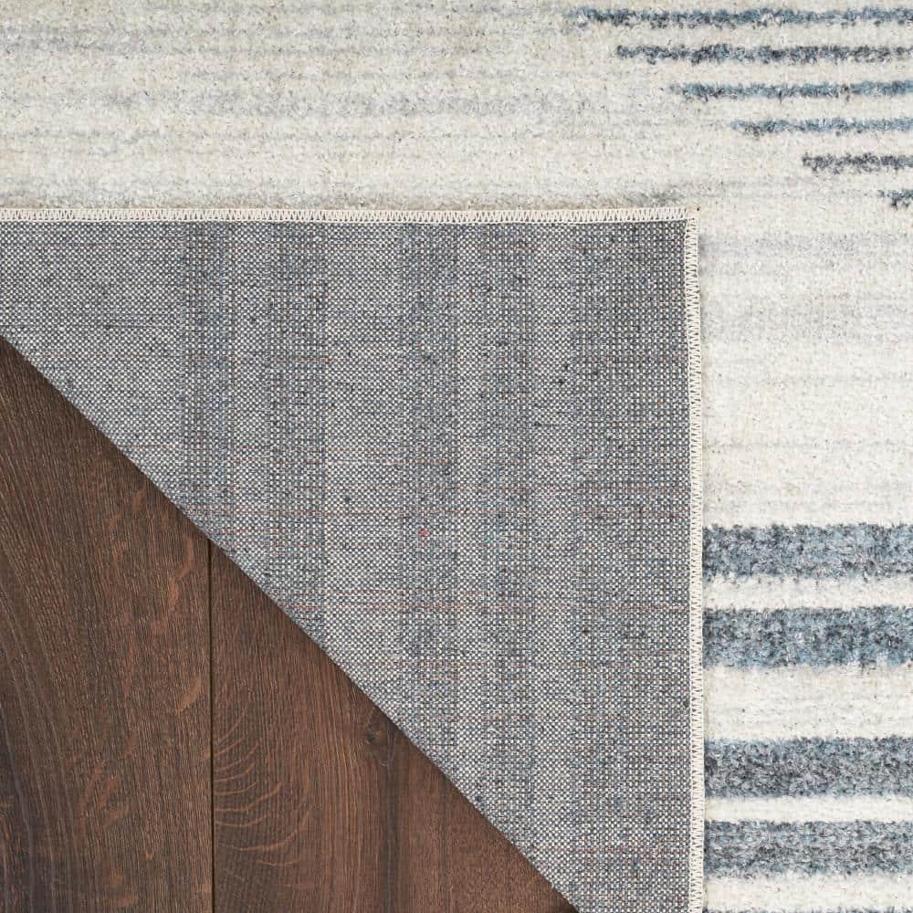 Nourison Astra Machine Washable Stripe Circle Mid-Century Modern Indoor Bathroom, Kitchen Runner Rug Ivory Blue 2'2" x 10'