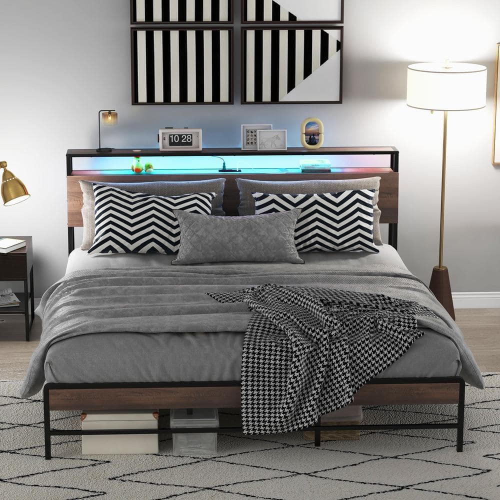 HOMCOM King Bed Frame with Headboard, King Size Bed Frame with Lights, Charging Station, Storage Shelf, Noise-Free & No Box Spring Needed, Walnut