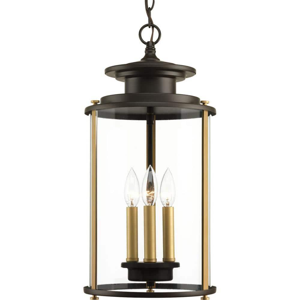 Progress Lighting Squire 3-Light Hanging Lantern, Antique Bronze, Clear Glass Shade