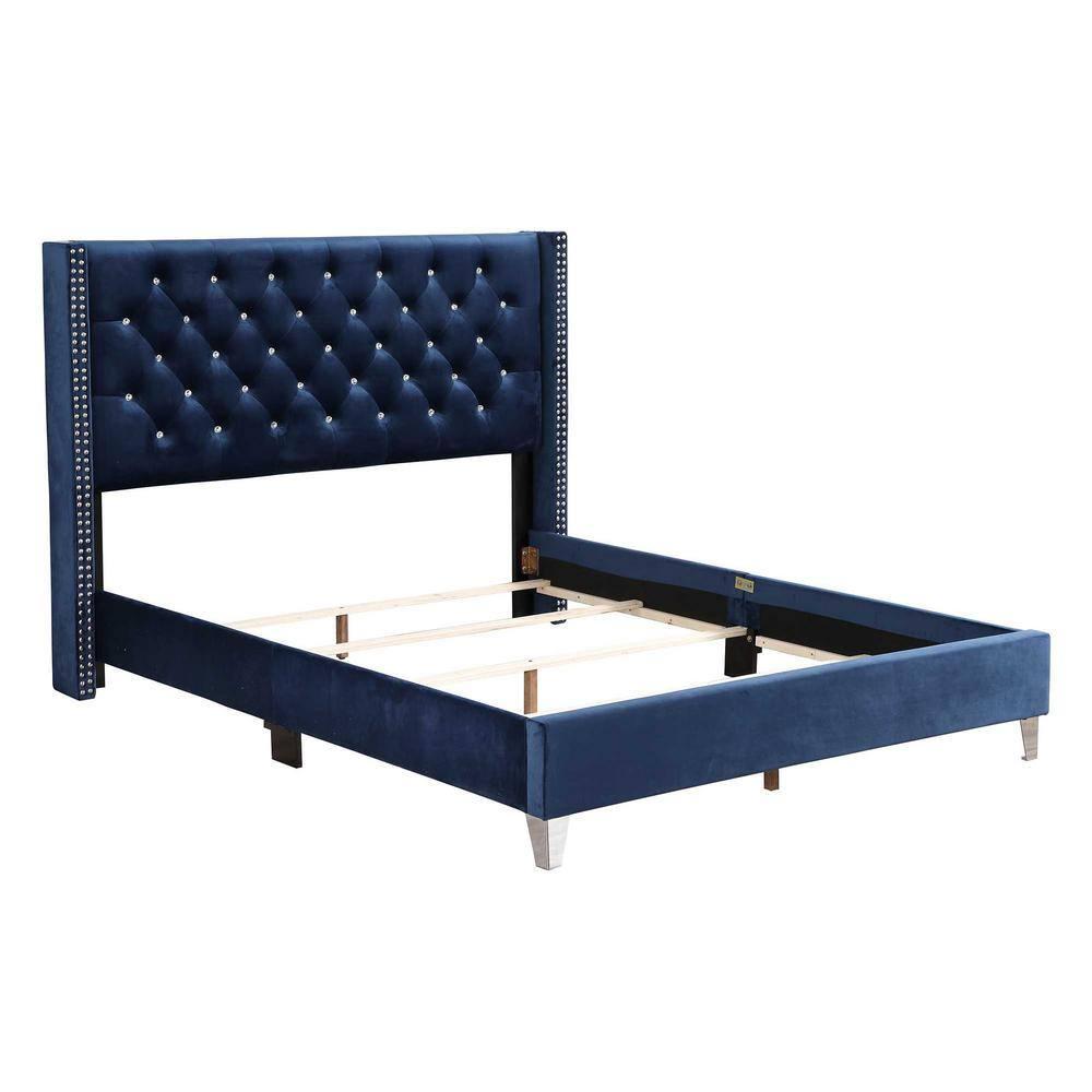 Passion Furniture Julie Navy Blue Tufted Upholstered Low Profile Queen Panel Bed
