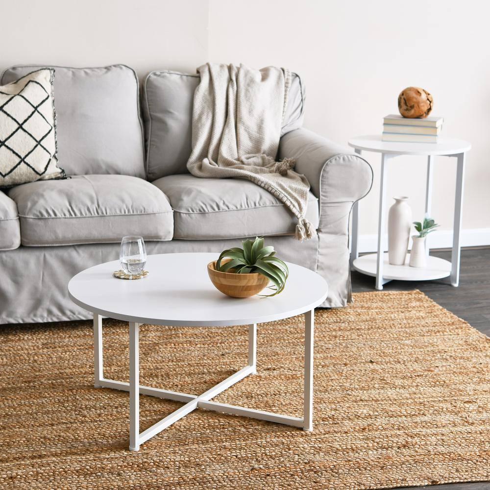 Household Essentials Jamestown Round End Table White: Modern Minimalist, Iron Frame, Particle Board Top