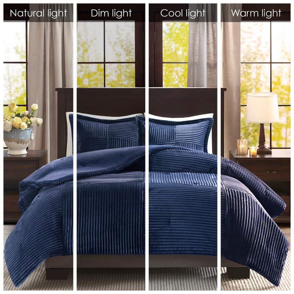 Madison Park 3pc Full/Queen Williams Corduroy Plush Comforter Mini Set Navy Blue: Microfiber, Transitional Style, Machine Washable