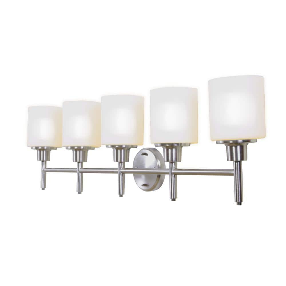 Design House 556225 Aubrey Transitional 5-Light Indoor Bathroom Vanity Light Dimmable Frosted Glass for Over the Mirror, Satin Nickel