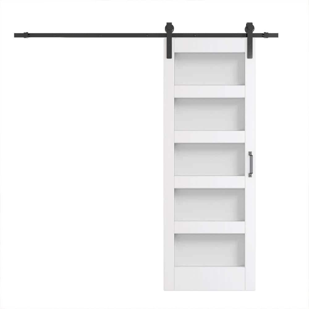 30in x 84in 5-Panel Sliding Glass Barn Door with 5ft Hardware Kit Included, Easy Assembly with Pre-Drilled Holes, Waterproof, Frosted Glass for Bathroom-Fit Max Opening 28in x 82in, White