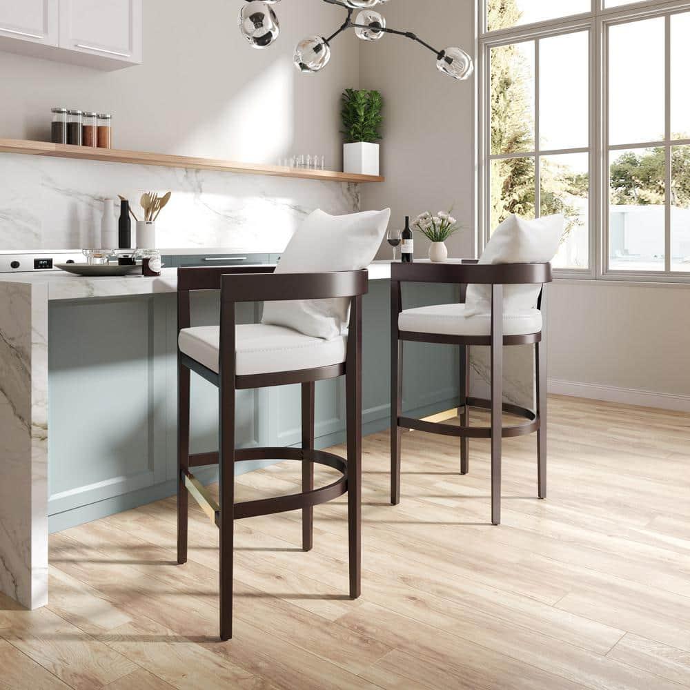 Ritz Upholstered Beech Wood Barstool Ivory - Manhattan Comfort: Gold Footrest, 30.5" Height, No Assembly Required