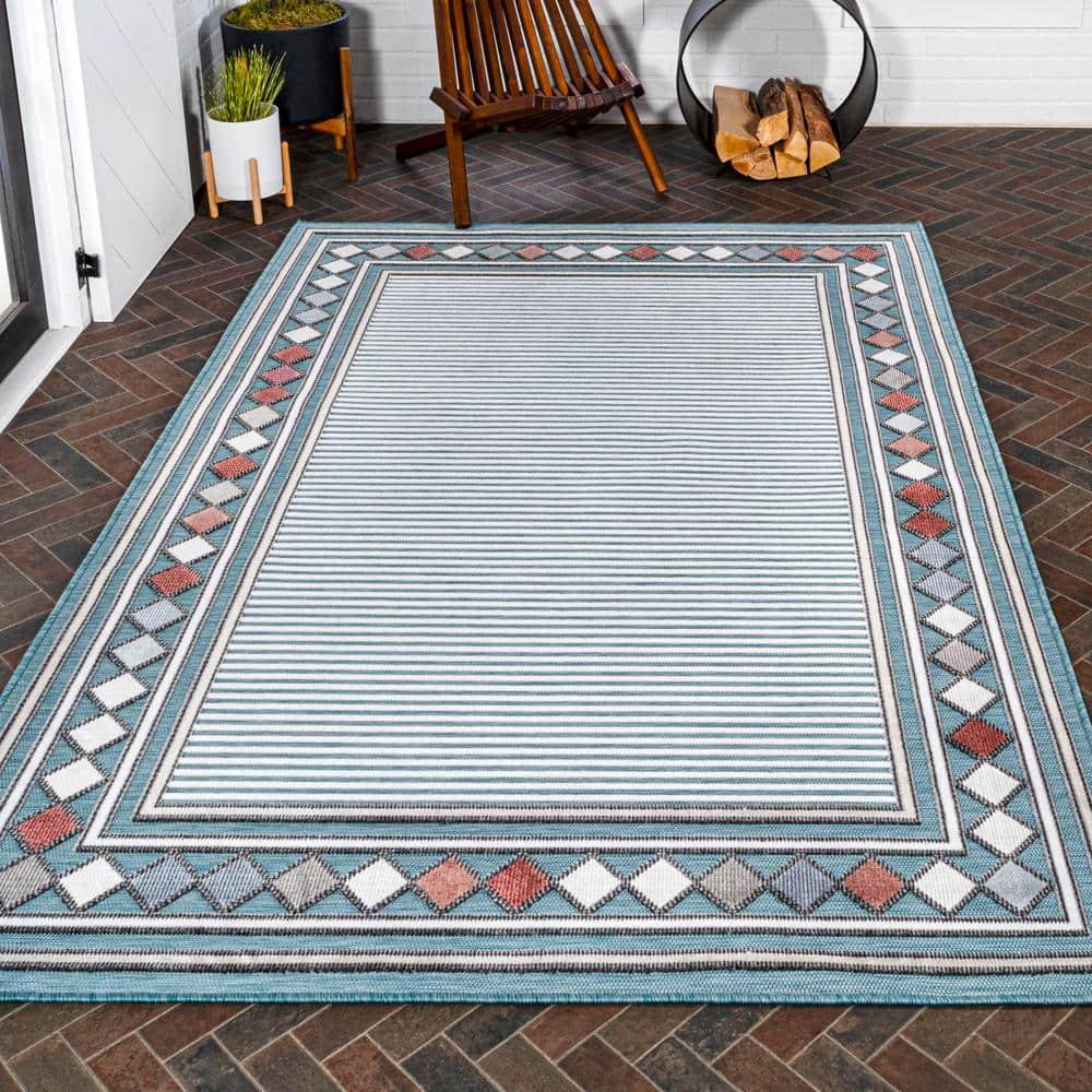 JONATHAN Y Sebastian High-Low Modern Diamond Border Blue/Ivory 5 ft. x 8 ft. Indoor/Outdoor Area Rug