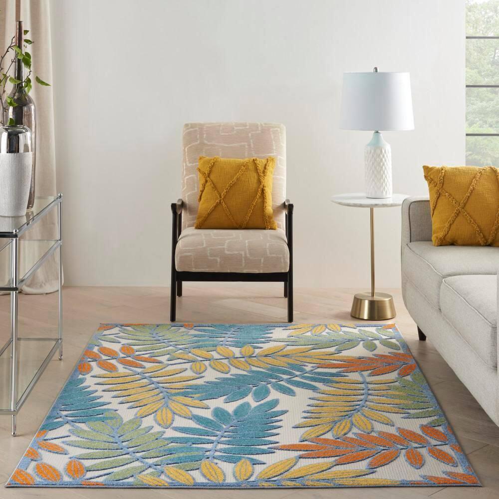 Nourison Aloha Floral Leaf Flatweave High-Low Indoor Outdoor Area Rug Ivory/Multi 5'3" x 7'5"