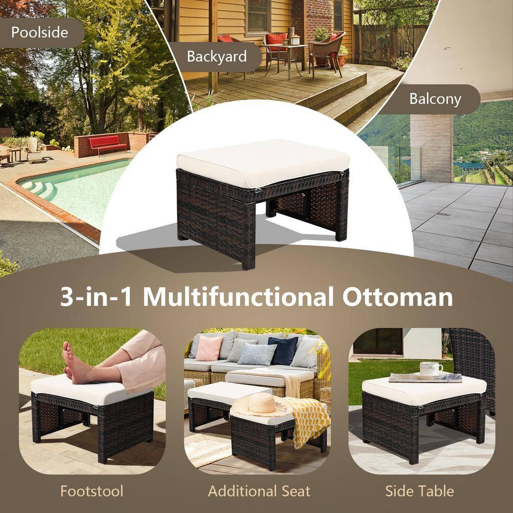 Spaco 2 Pieces Outdoor Patio Rattan Wicker Ottoman Set with Soft Cushion for Garden, Balcony, Poolside, White