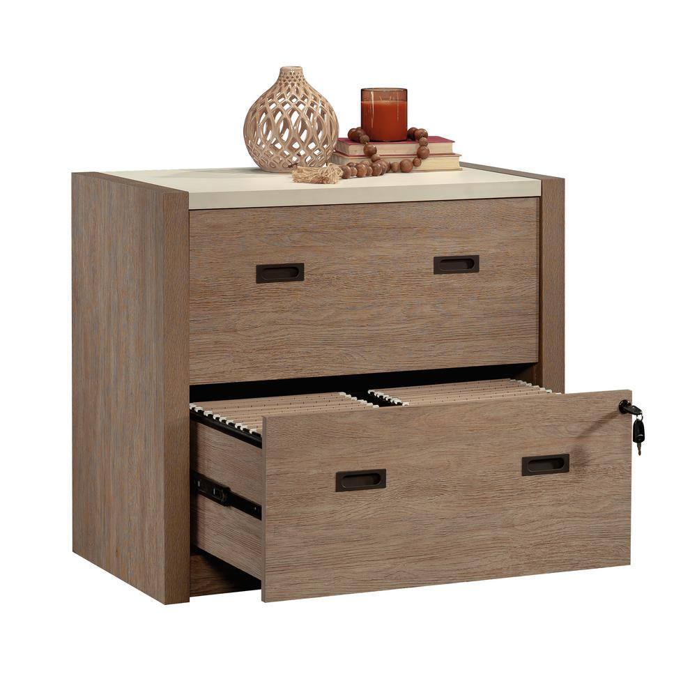 Sauder Dixon City 2 Drawer Lateral File Cabinet Brushed Oak: Lockable, 20" Deep Office Storage, MDF Construction