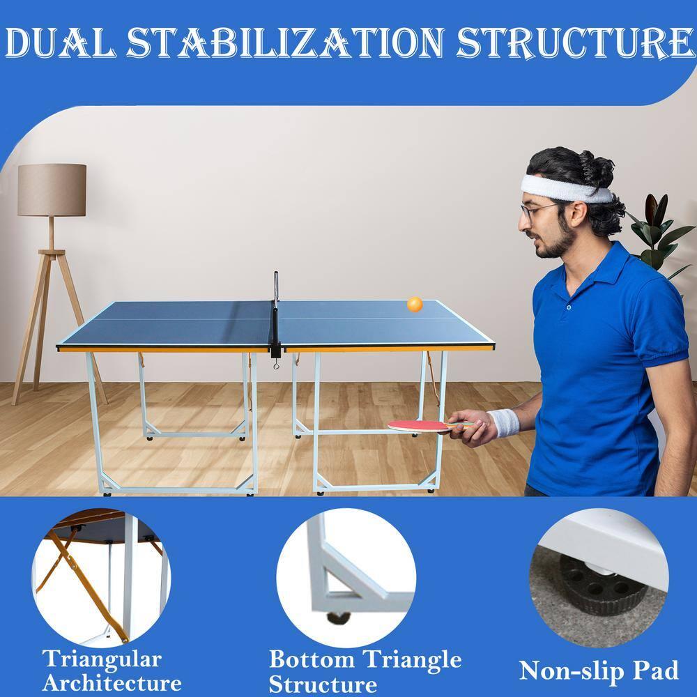 6Ft Foldable Table Tennis Game Set, Mid-Size Ping Pong Table, Indoor/Outdoor Portable Table Tennis Table Set with Ping Pong Net, 2 Table Tennis Paddles and 3 Balls, Sliver+Cyan