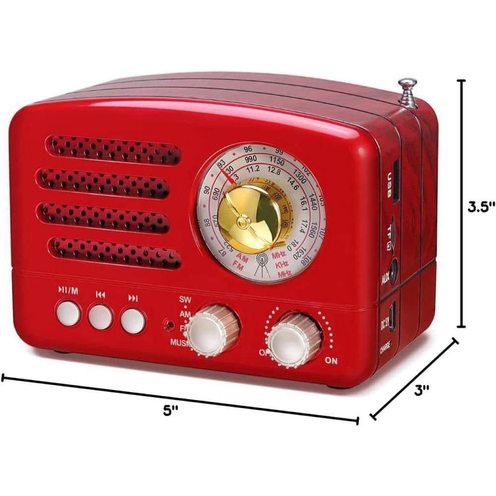 Retro Portable AM/FM Vintage Radio with Bluetooth, Transistor Radio Receiver, Rechargeable Battery, Support TF Card, AUX, USB, MP3 Player for Elder (Red)