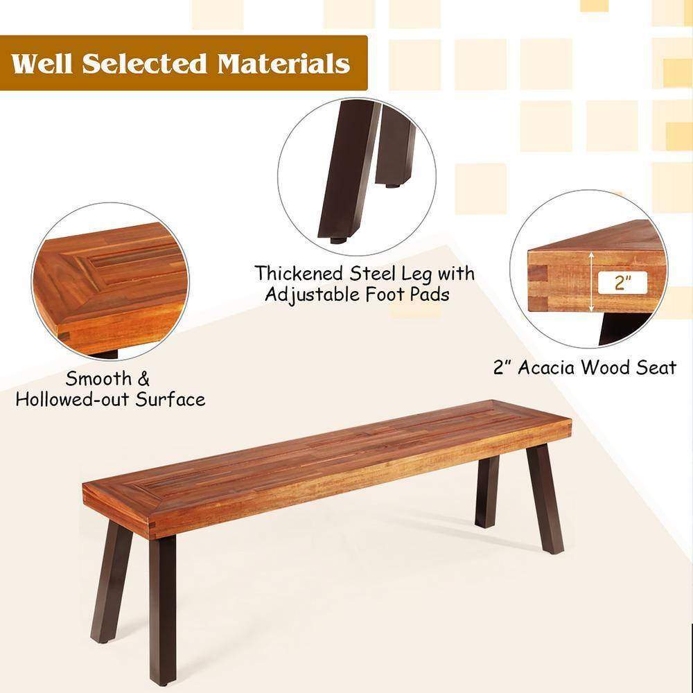 Costway Patio Acacia Wood Dining Bench Seat with Rustic Steel Legs for Outdoor Indoor