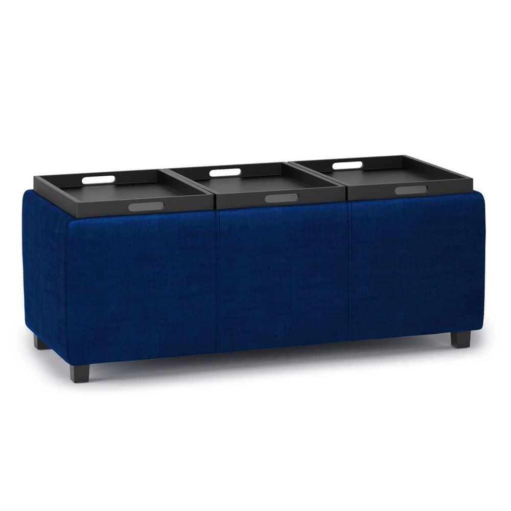 Simpli Home Avalon 42"W Upholstered Storage Ottoman with 3 Flip-Over Serving Trays