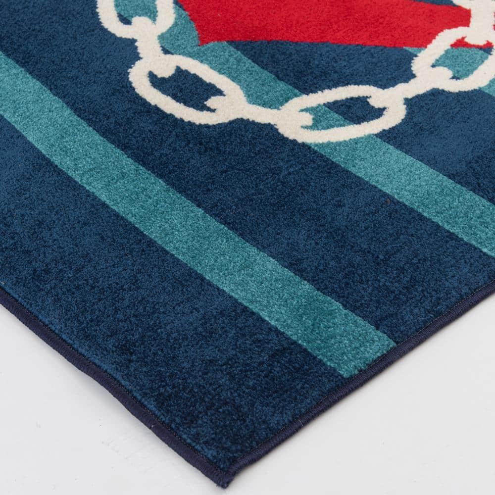 Sapphire & Coral Anchored Stripes 114"x79" Synthetic Area Rug