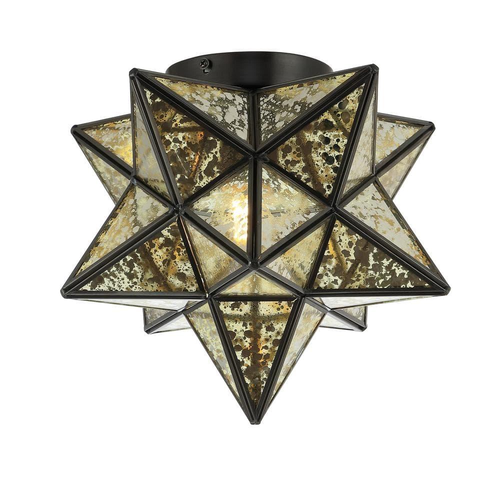 Stella 12" Moravian Star Metal/Mercury Glass LED Flush Mount, Oil Rubbed Bronze