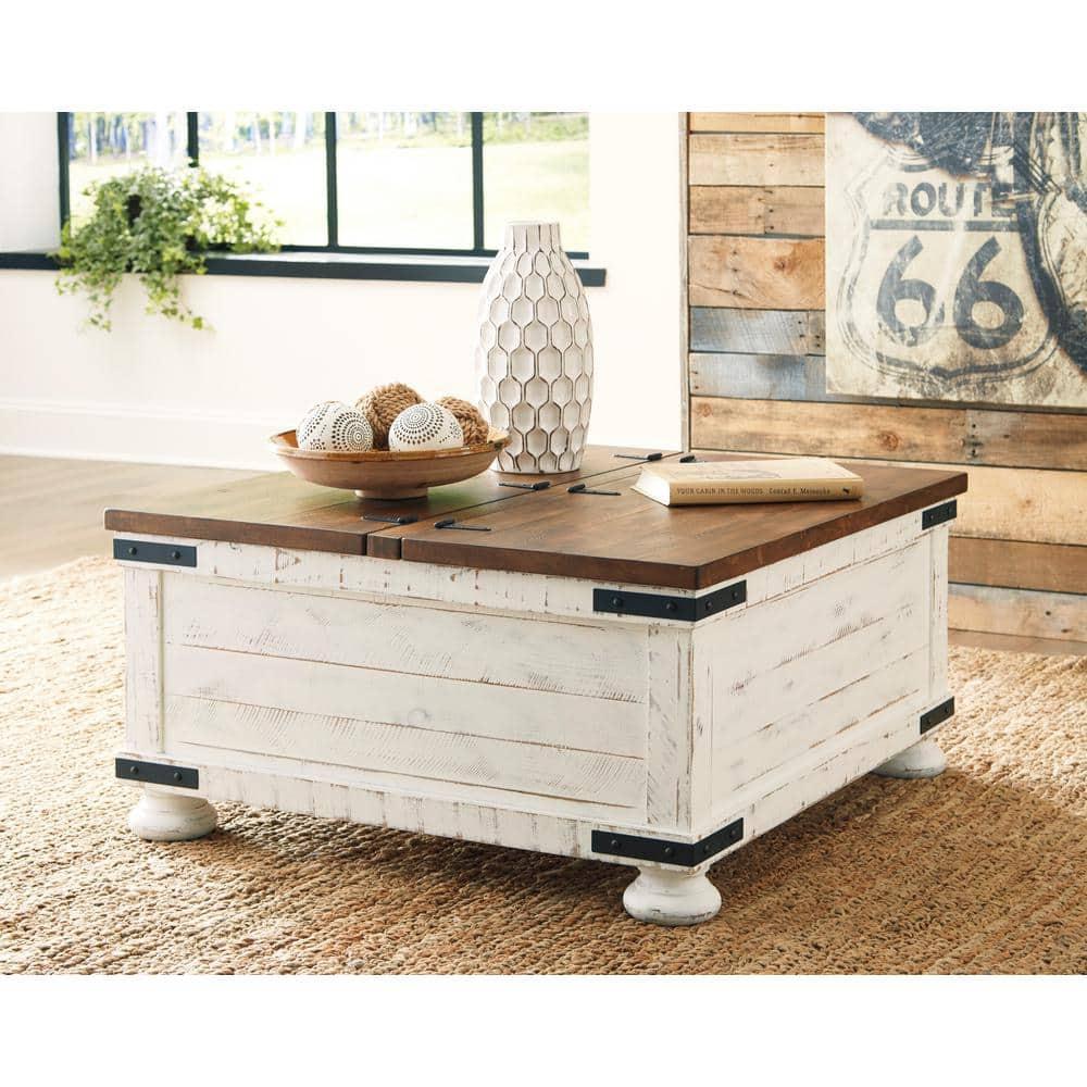 Wystfield Cocktail Table with Storage White/Brown - Signature Design by Ashley: Rectangular Lift-Top, Distressed Two-Tone Finish