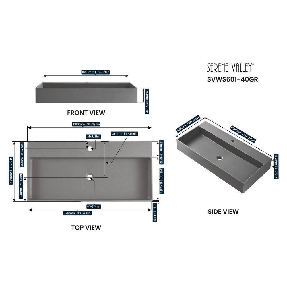 40 in. Wall-Mount or Countertop Install, Bathroom Sink with Single Faucet Hole in Matte Gray