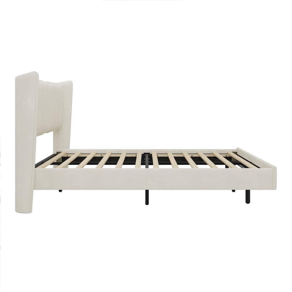Holaki Full Size Bed Frame,Modern Style Velvet Fabric Floating Bed Frame with LED Lights Wingback Upholstered Bed No Box Springs Needed,Full Size,Beige