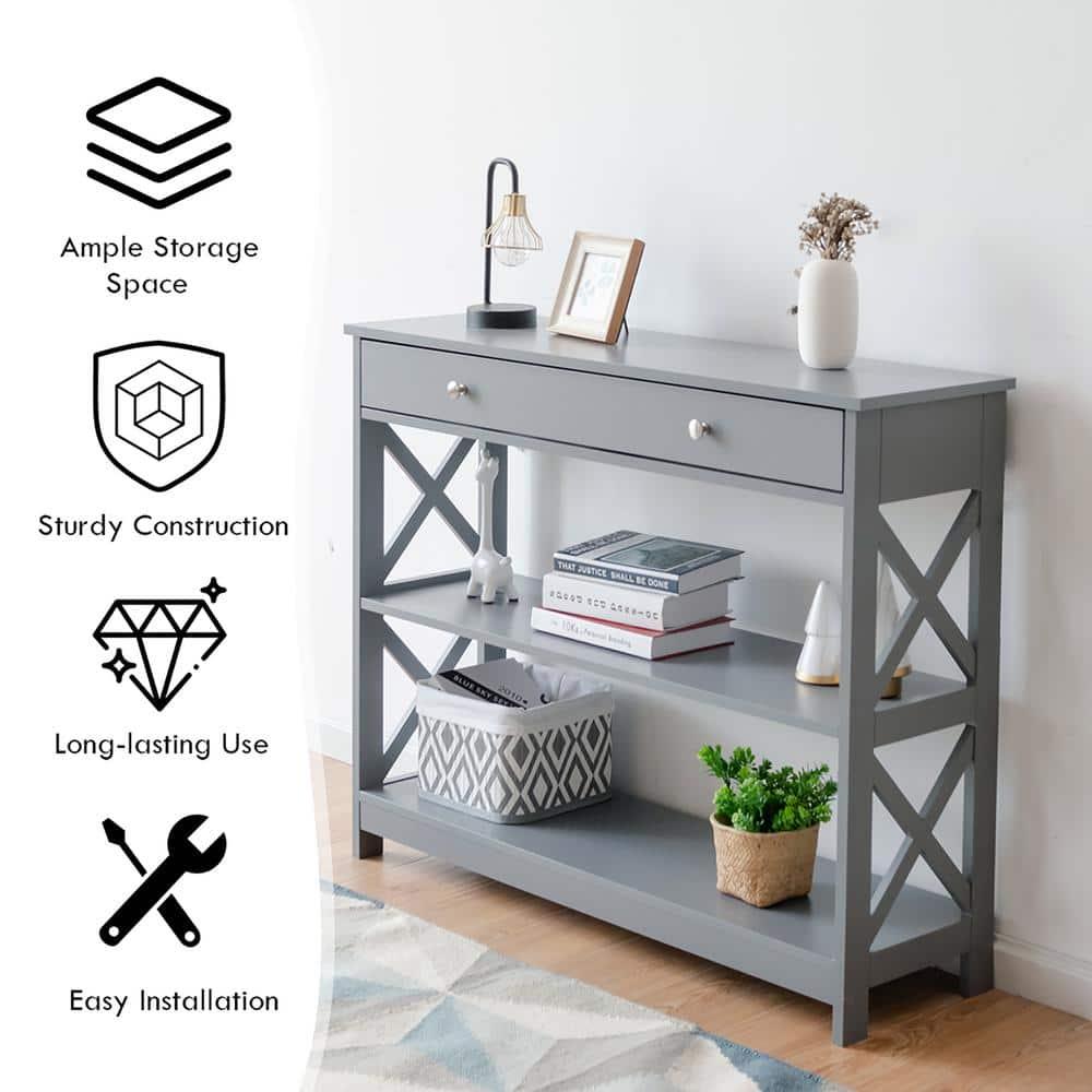Costway 3-Tier Console Table X-Design Sofa Entryway Table with Drawer & Shelves Gray