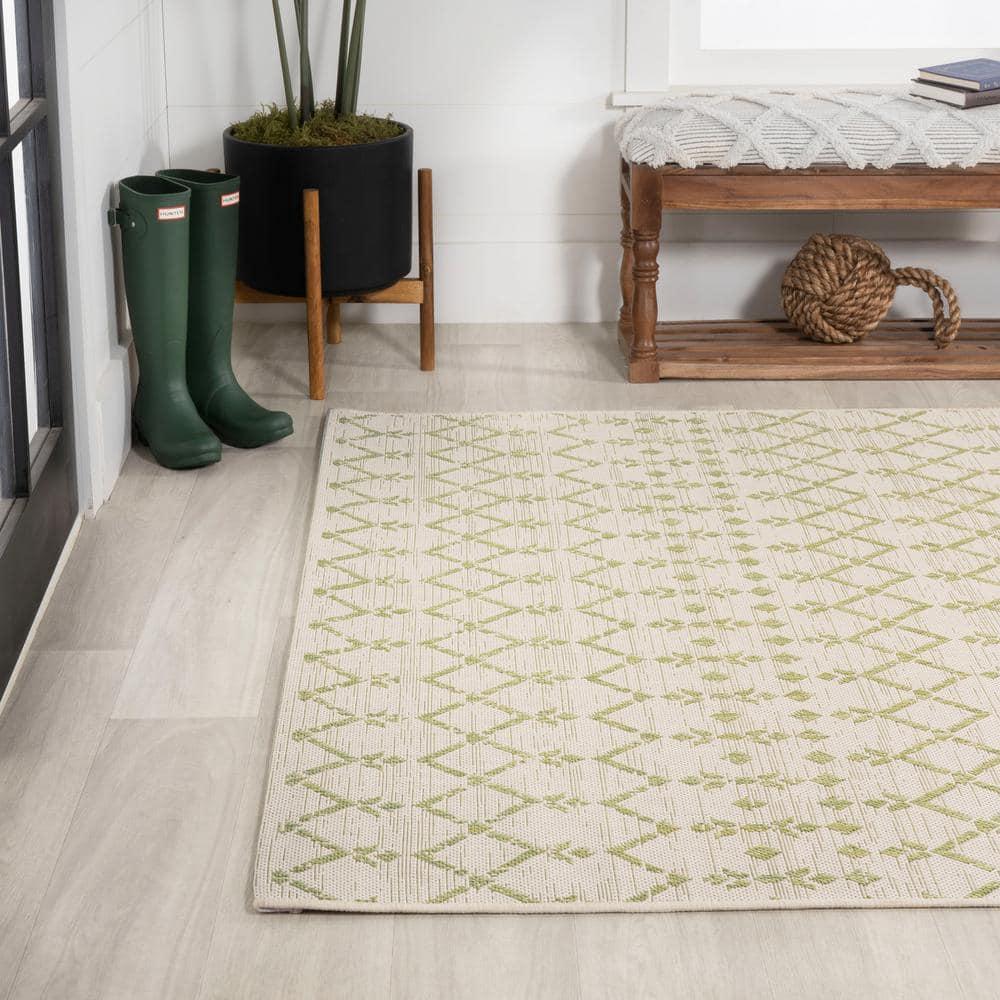 3' x 5' Ourika Moroccan Geometric Textured Weave Indoor/Outdoor Area Rug, Cream/Green - JONATHAN Y