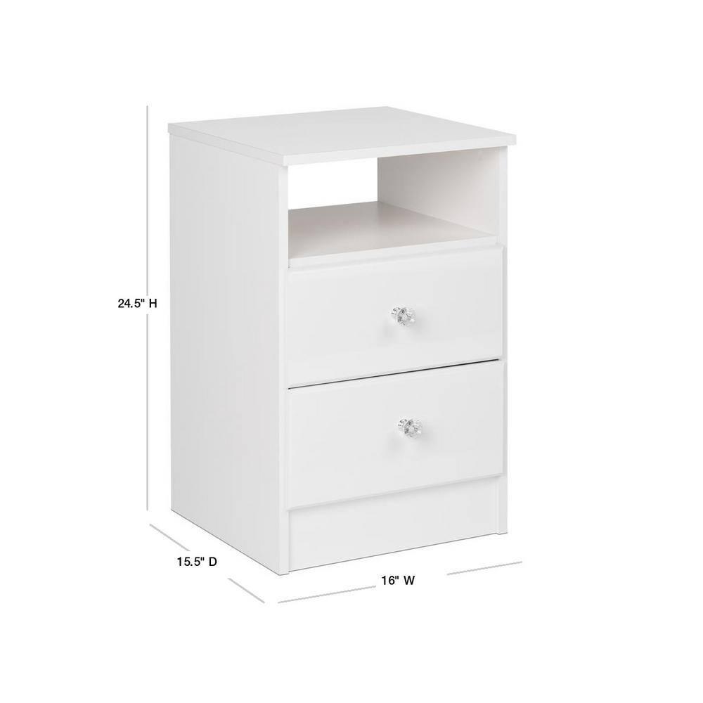 Astrid 2 Drawer Nightstand with Crystal Knobs White - Prepac: Modern Style, Open Shelf Storage