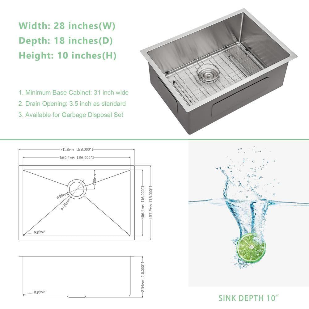 Sarlai 28'' L x 18" W Undermount Single Bowl Stainless Steel Kitchen Sink with Sink Grid and Basket Strainer SU2818R