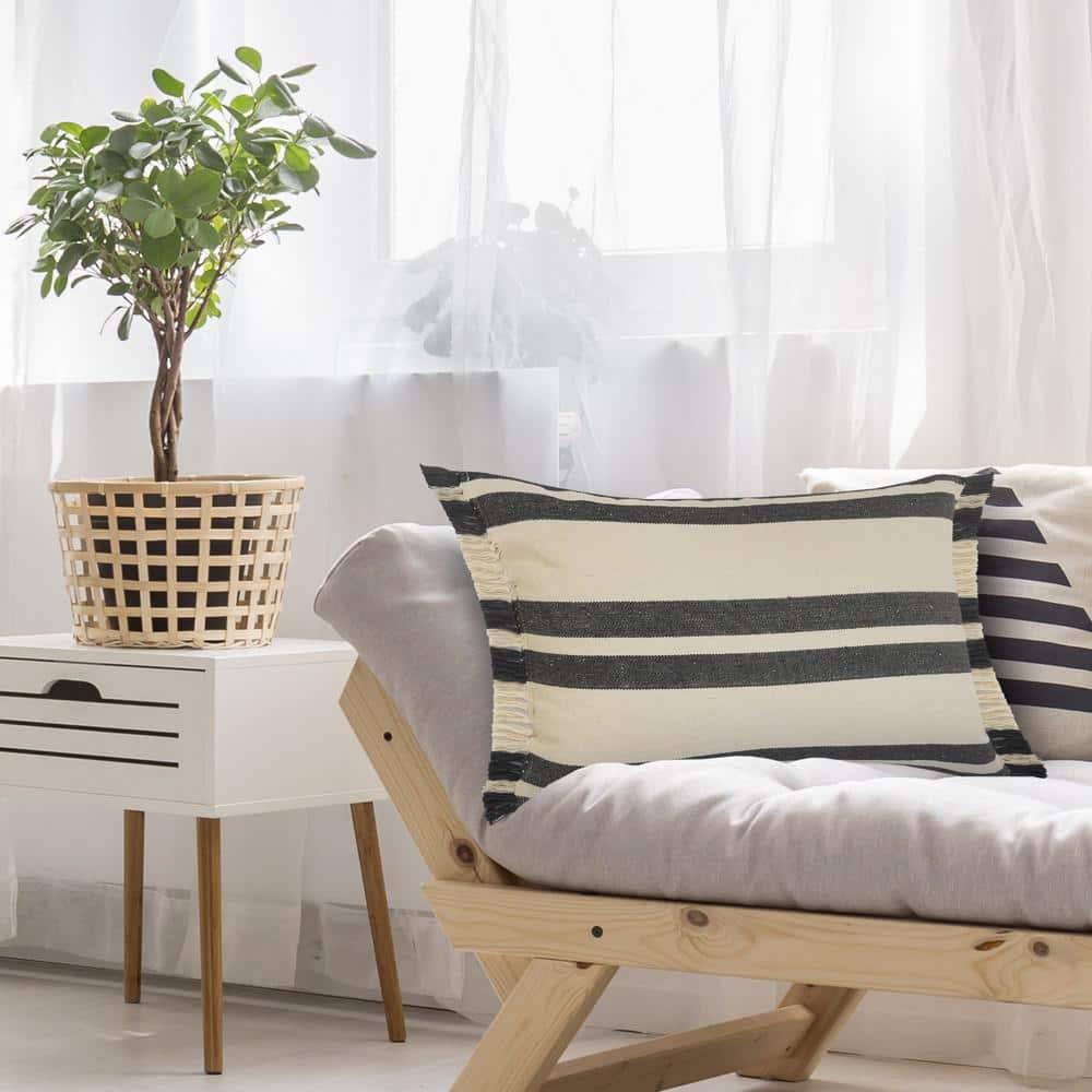 Gray and White Cotton Lumbar Pillow with Fringe, 16" x 24"