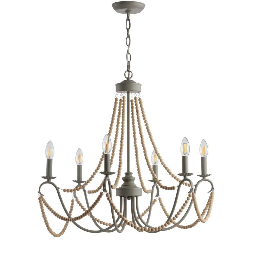 Rustica 6-Light 27" Adjustable Greige Metal/Wood Bead LED Chandelier, Grey/Natural