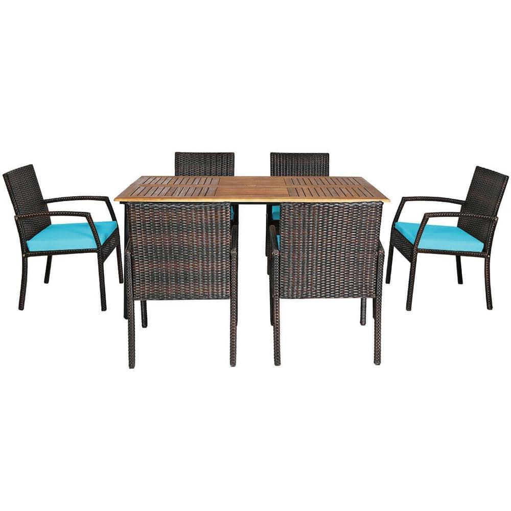 Costway 7PCS Patio Rattan Dining Chair Table Set with Cushion Umbrella Hole Turquoise