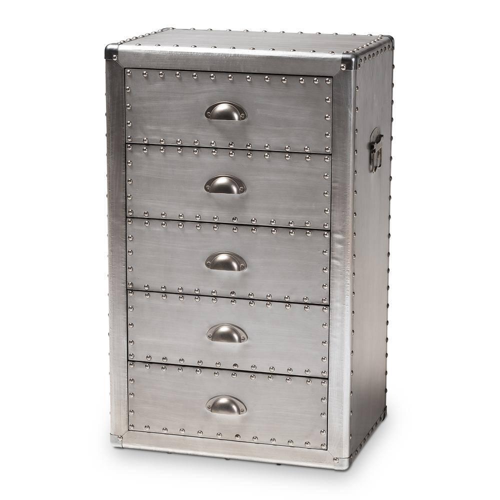 5 Drawer Davet Metal Accent Chest Silver - Baxton Studio: French Industrial Style, Fully Assembled