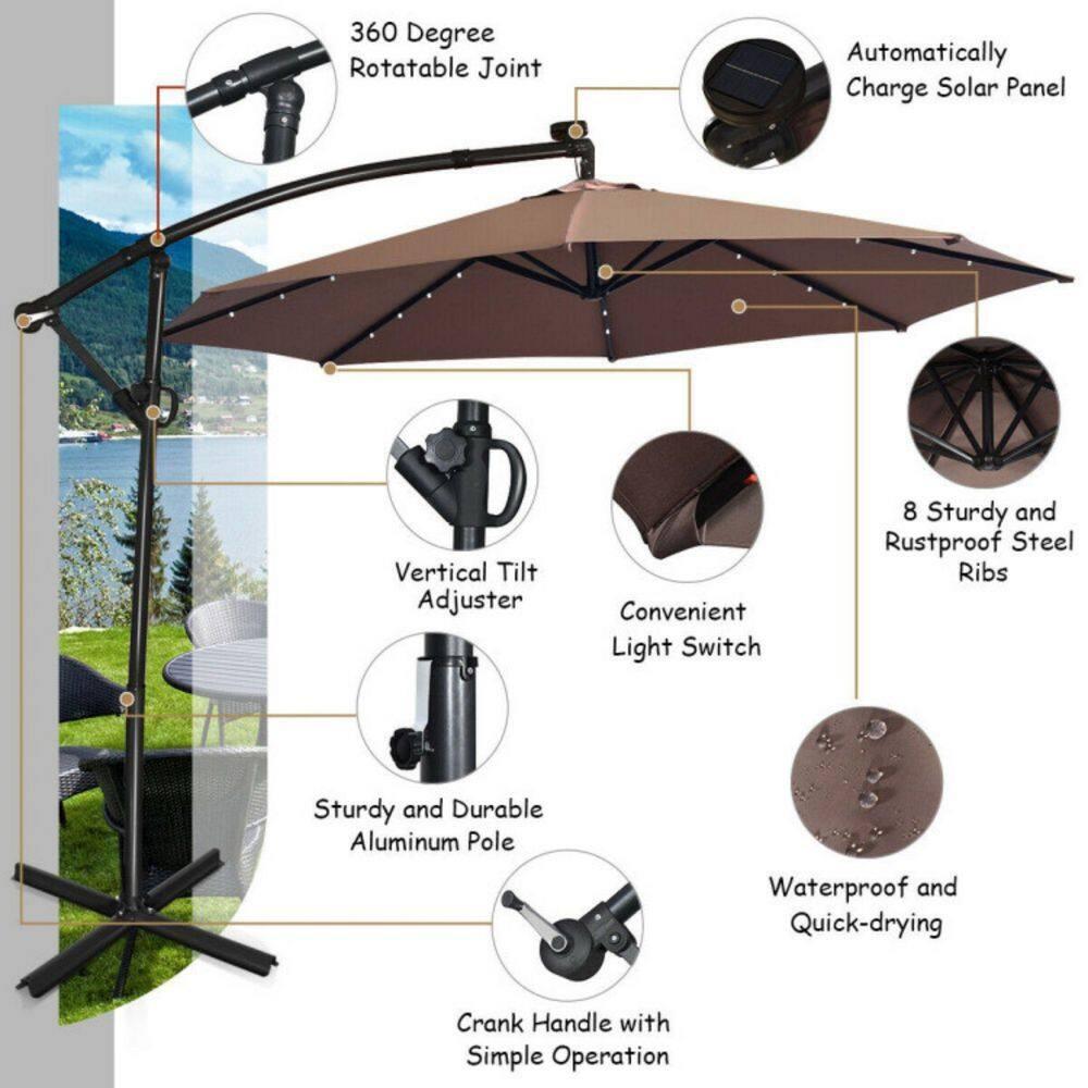 GVN 10 ft 360° Rotation Solar Powered LED Patio Offset Umbrella without Weight Base-Tan, Patio Offset Umbrella with Easy Tilt Adjustment, Cantilever Patio Umbrellas, Sunshade Umbrella Canopy
