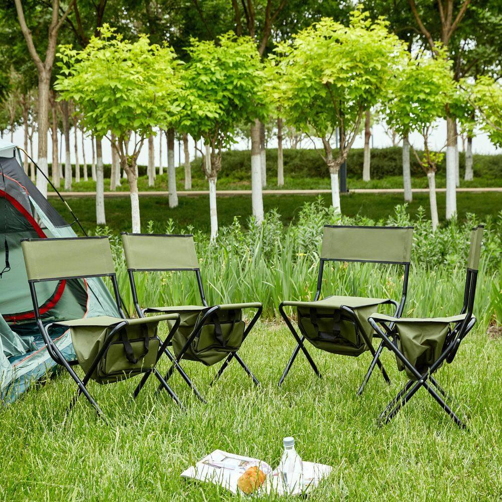 Green Steel Armless Folding Camping Chairs with Storage Bag, Set of 4