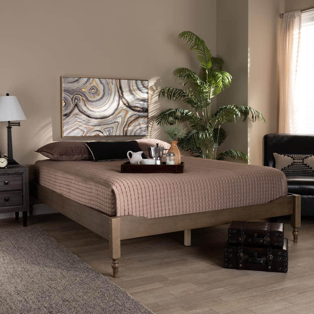 Queen Laure French Bohemian Wood Platform Bed Frame Weathered Gray - Baxton Studio: Ash Walnut Finish, No Box Spring Required