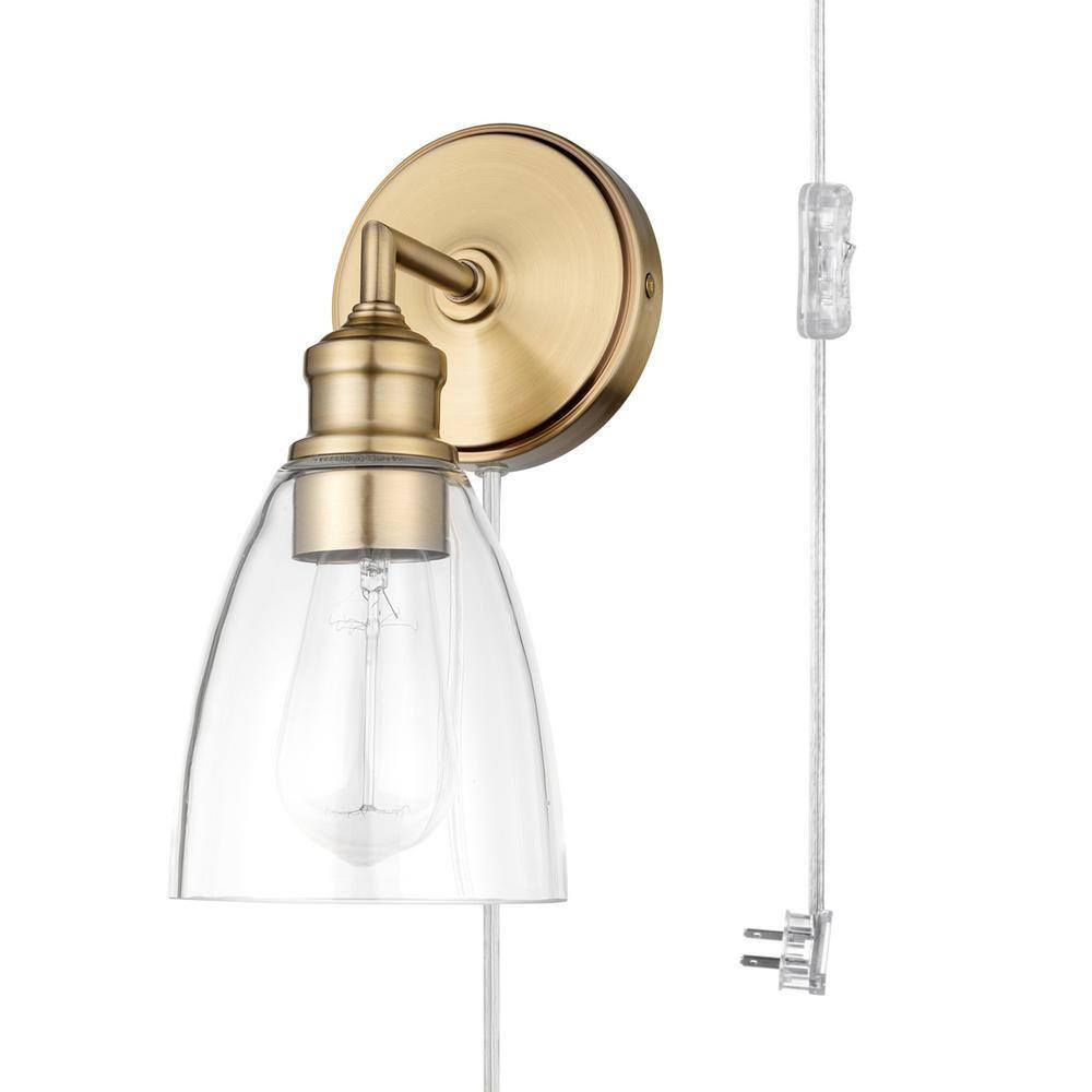 Globe Electric Molly 1-Light Matte Brass Plug-In or Hardwire Wall Sconce with Clear Glass Shade, Bulb Included, 51613