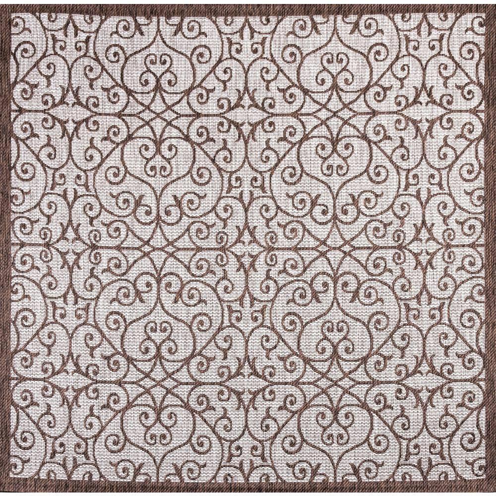 5' Square Madrid Vintage Filigree Textured Weave Indoor/Outdoor Area Rug, Taupe/Espresso - JONATHAN Y