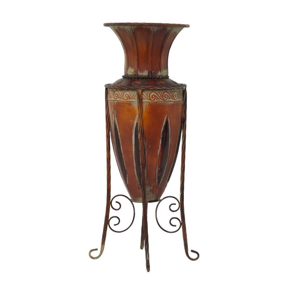 DecMode 27" Tall Brown Metal Vase with Attached Metal Stand and Intricate Design