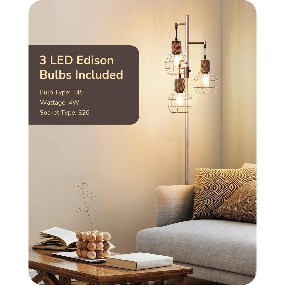 EDISHINE Dimmable Rustic Floor Lamp, Farmhouse Standing Lamp with 3 LED Edison Bulbs, Rattan Design Floor Lamps for Living Room, Bedroom, Reading Corner, Office, Electroplated Brushed Red Copper