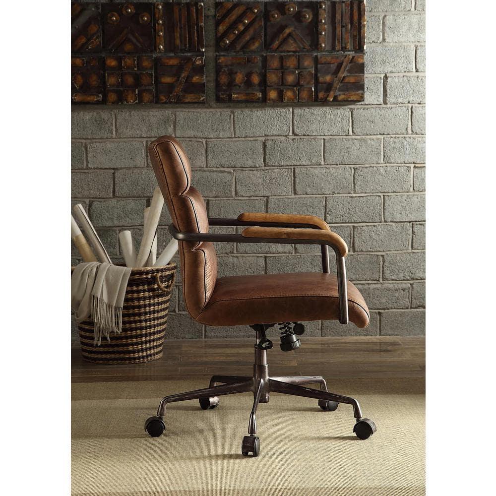 Leather Executive Swivel Office Chair with Lumbar and Back Support and Wheels, Industrial Modern Upholstered Home Desk Chair in Retro Brown Top Grain Leather for Living Room Office