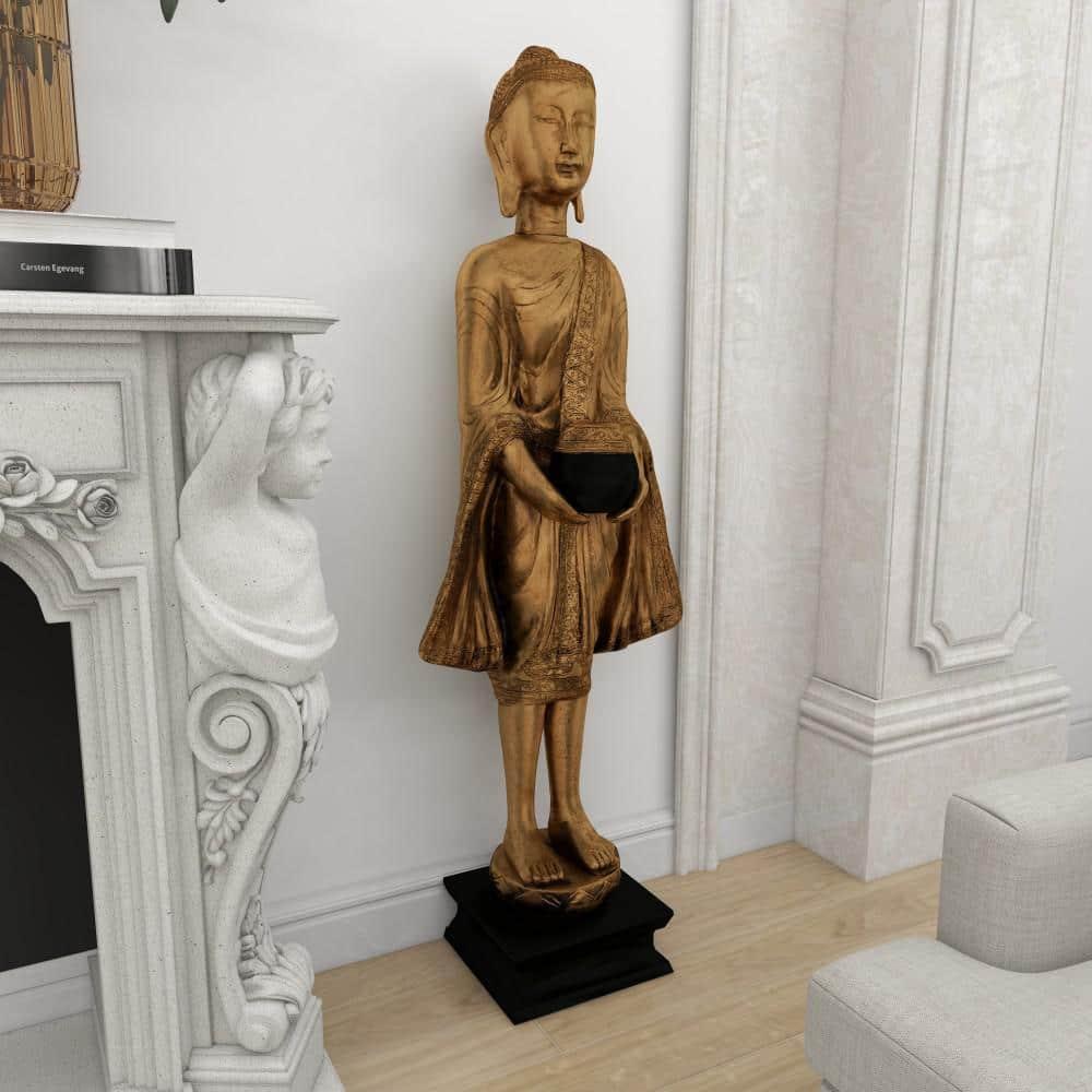 16" x 54" Gold Resin Meditating Buddha Sculpture with Engraved Carvings and Relief Detailing, by DecMode
